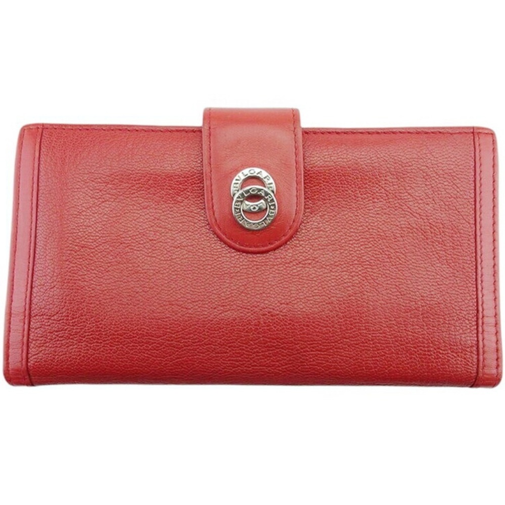 BVLGARI Doppio tondo Authentic Red Silver Leather Wallet